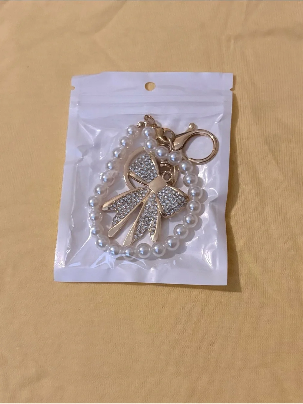 Gold Pearl Bow Wristlet Keychain W/ Clip & Lipgloss Holder NWT